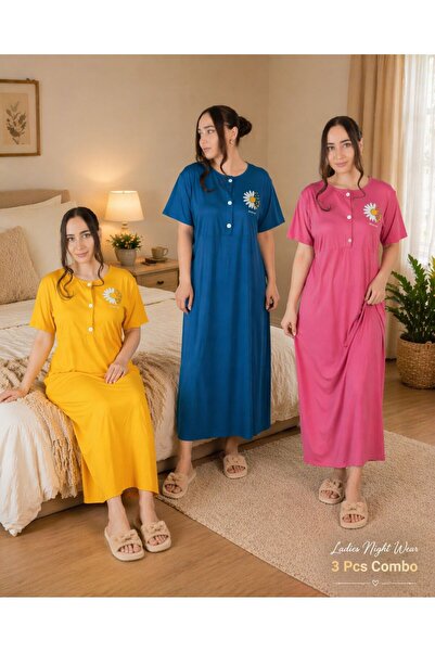 LINELLE Ladies Nightwear 3 Pcs Combo Set, Yellow, Pink & Blue