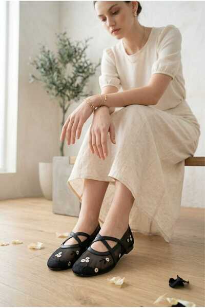 HİGHRUN Women's Cross-Strapped Embroidered Transparent Ballerinas