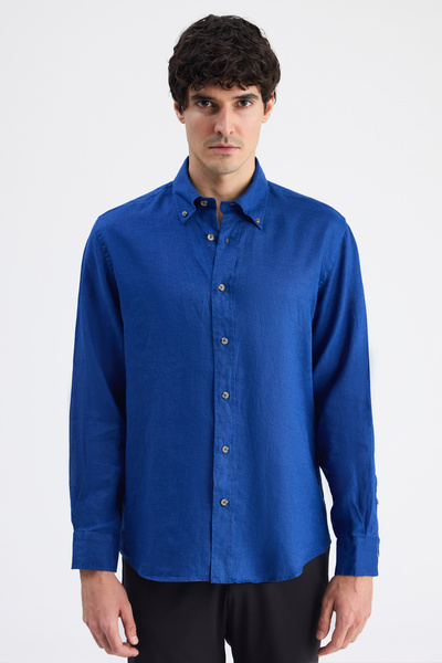 D'S Damat Πουκάμισο Ds Damat Comfort Indigo Plain 100% λινό