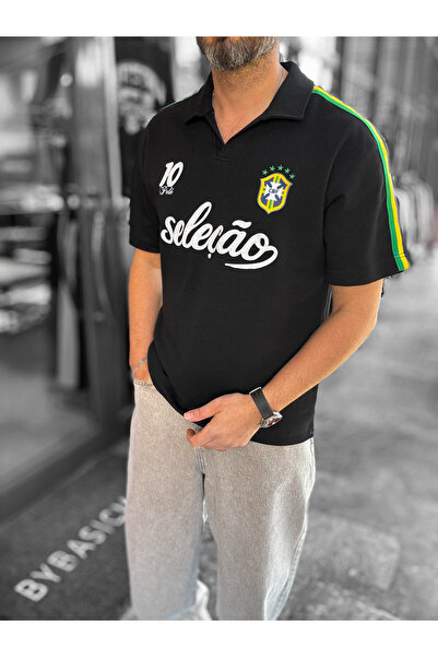 BYBASICMAN Черна тениска с бразилски емблема, двуцветна RES-1057