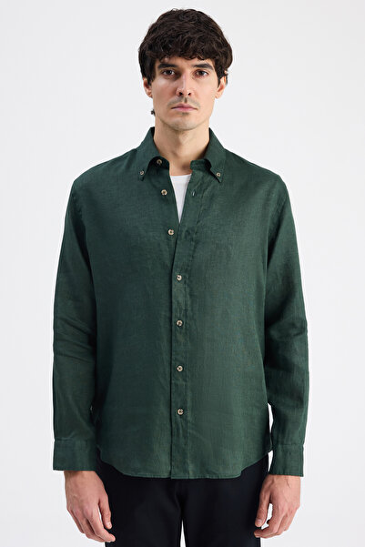 D'S Damat Πουκάμισο Ds Damat Comfort Khaki Plain 100% λινό