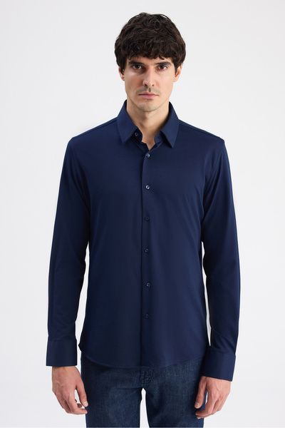 D'S Damat Πλεκτό πουκάμισο Ds Damat Slim Fit σε σκούρο μπλε