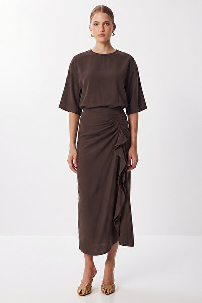 Lovelyİstanbul Ντραπέ Φόρεμα Μίντι Μοντάλ LNT0033 ΚΑΦΕ