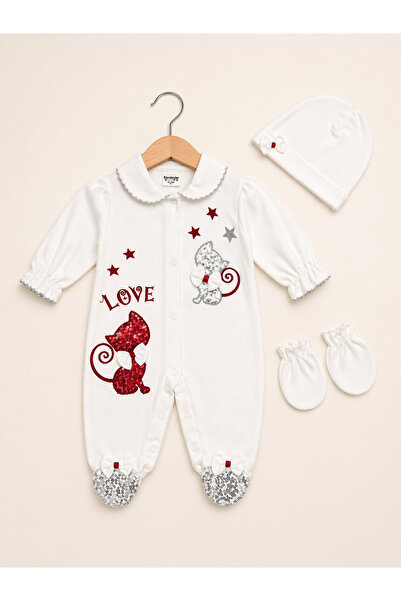 Kardeşler Bebe Cat Embroidered Baby Girl Jumpsuit Set (Gloves + Hat)