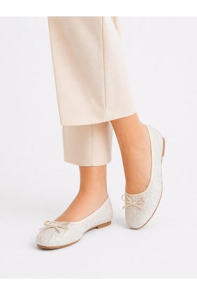 ModaMert Cream Tweed Fabric Bowknot Women's Ballerinas Daily Comfortable Stylish Useful Ballerinas