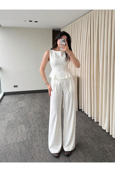 My Blog Σετ Παντελόνι και Μπλούζα με Πιέτες στη Μέση σε Εκρού - 7700