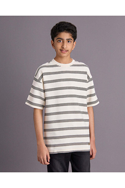 REDTAG Senior Boys White Striped T-Shirt