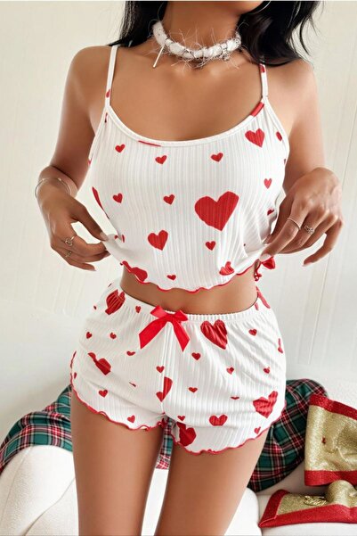 DNR İç Giyim Patterned Women's Shorts Set with Rope Straps Ecru