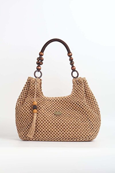Haşema Ψάθινη πλεκτή τσάντα παραλίας σε χρώμα καμηλό με λεπτομέρεια από ξύλιν...