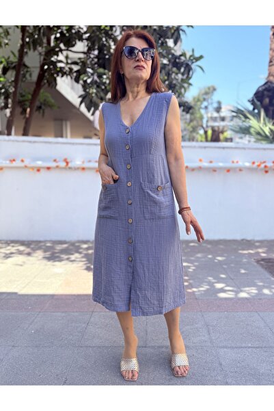 DenizEge Αμάνικο φόρεμα μουσελίνας με διπλές τσέπες ανθρακί