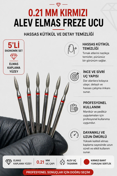 Rulia Professional 0.21 mm Kırmızı Bant Alev Elmas Freze Ucu 5’li Set – Profe...