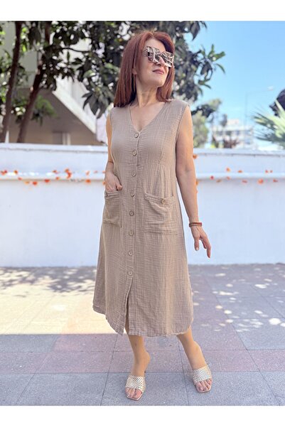 DenizEge Μουσελίνα Αμάνικο Φόρεμα με Διπλή Τσέπη Βιζόν