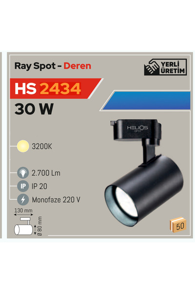 Helios Ray Spot Siyah Kasa Günışığı 3200K, 30W, 2700 Lm, IP20, 220V (HS2434)