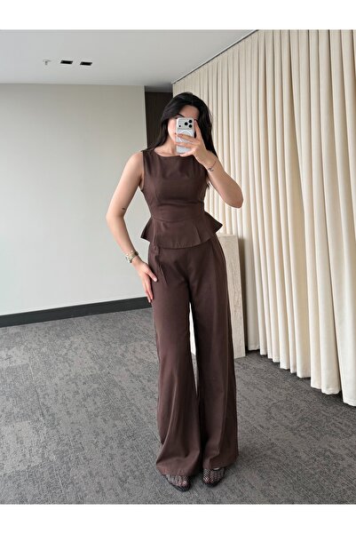 My Blog Καφέ Σετ Μπλούζα με Πιέτες στη Μέση και Παντελόνι - 7700