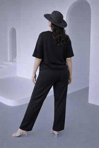KASİDE Women's Stoned Short Sleeve Elastic Waist Tie-Detail Two-Piece Set Ksd-8636