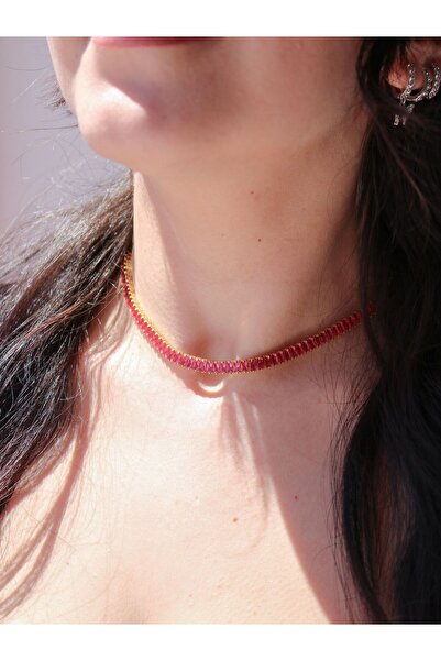 Reorah Collection Koyu Pembe Baget Taşlı Choker-Altın Kaplama
