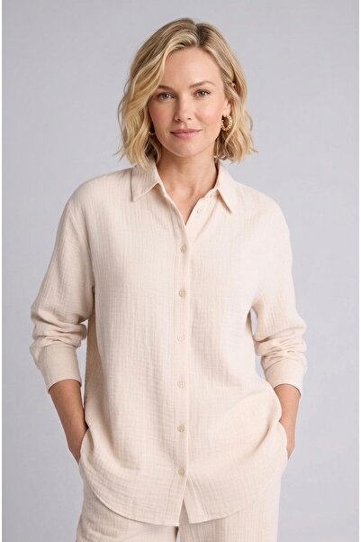 Meşe Moda Women's Stone Color Muslin Textured Oversize Long Sleeve Shirt