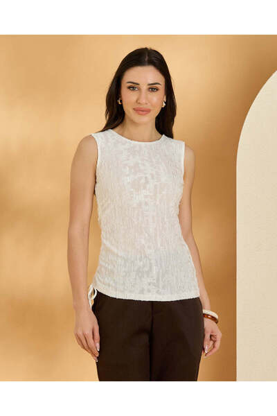 REDTAG Women Ivory Textured Sleeveless Top With Side Tie