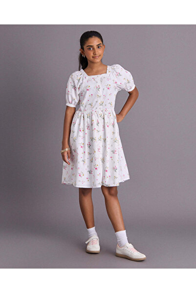 REDTAG Senior Girls White Printed Poplin Dress
