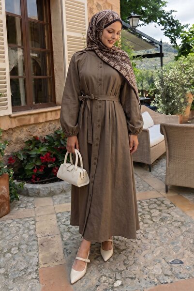 InStyle Φόρεμα από λινό σε καφέ απόχρωση με κουμπιά, ραβδώσεις και ζώνη