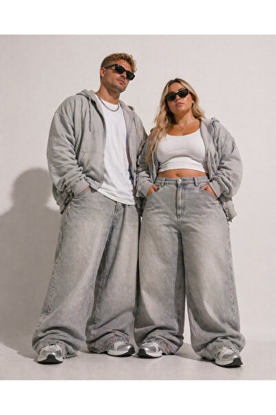 St.Poll Παλαιωμένο γκρι πλυμένο unisex φαρδύ τζιν παντελόνι μεγάλου μεγέθους