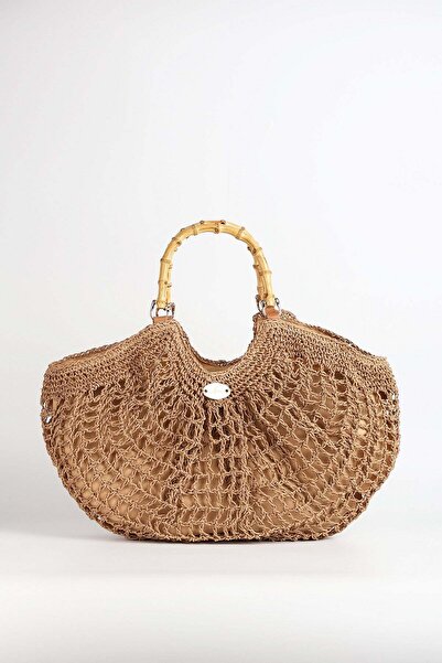 Haşema Τσάντα παραλίας σε χρώμα καμήλας με οστέινη λαβή 1155