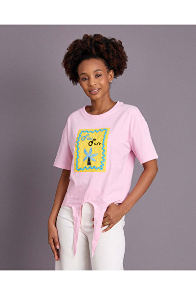 REDTAG Senior Girls Pink Embroidered Front Tie T-shirt
