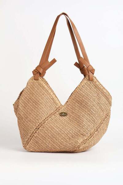 Haşema Τσάντα παραλίας σε χρώμα καμηλό με καφέ δερμάτινη λαβή 1114