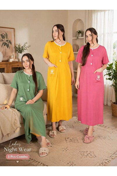 LINELLE Nightwear 3 Pcs Combo Set, Pink, Green and Yellow