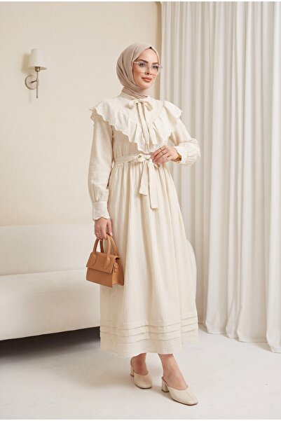 Modamorfo Φόρεμα με στριφτή επένδυση και δεμένο γιακά και μέση - πέτρινο