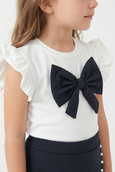 Womi Kids Girl's Bow Detailed Shorts and Skirt Ruffle Sleeve 2-Piece Set