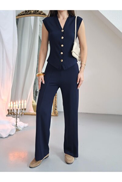 Paw Garage Γυναικείο Σετ Παντελόνι Παλάτσο με Λεπτομερές Γιλέκο με Χρυσά Κουμ...