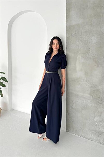 Neşeli Butik Γυναικεία φόρμα σε σκούρο μπλε χρώμα με γιακά πουκάμισου και ζών...