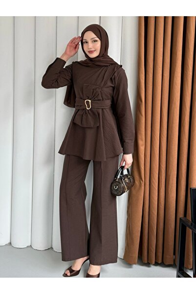 Modaensarbutik Ön Fiyonk Bağlama Detay Pantolonlu Tesettür Takım-KAHVERENGİ