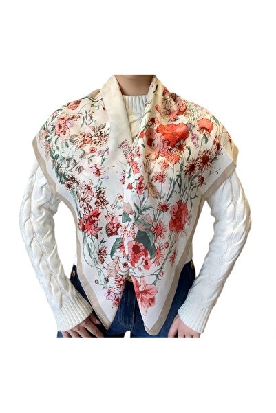 BYYEŞO Σάλι με λεπτομέρειες από λουλούδια και φύλλα 90*90 Φυσικό