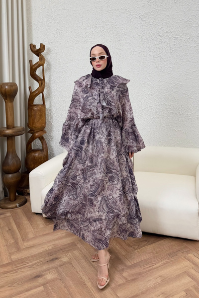 FUSHYA Şal Desenli Yarasa Model Elbise
