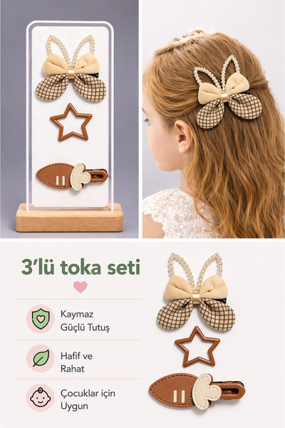 mdm style Kız Çocuk 3'lü Figürlü Saç Klipsli Toka Seti