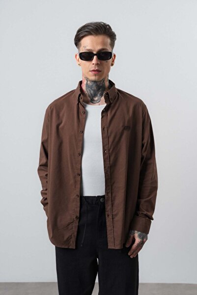 Respire Men's Arma Embroidered Long Sleeve Oversize Shirt Brown