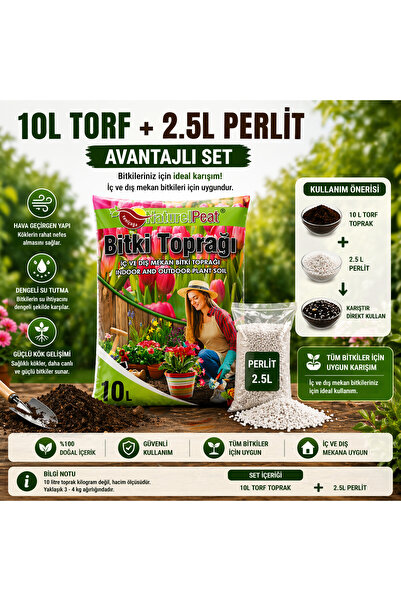 Naturel Peat 10L Bitki Toprağı + 2.5L Perlit Seti | İç & Dış Mekan Bitkileri İçin