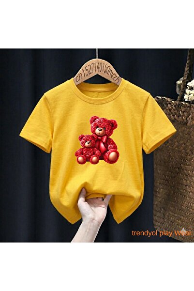 playwear Crvena majica sa medvedom i ružom, 100% dječja unisex majica, veliči...
