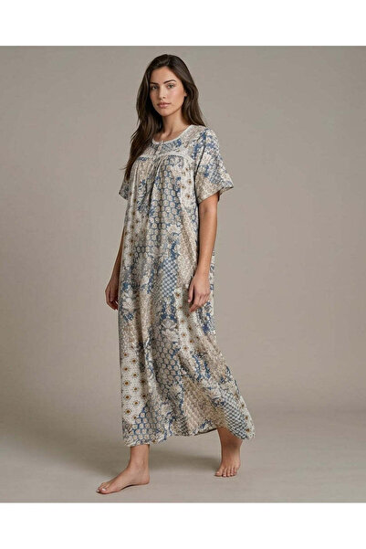 REDTAG Women Blue Printed Short Sleeve Nightgown
