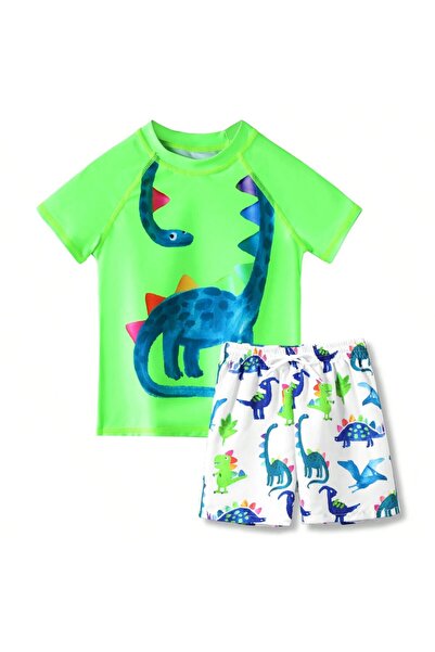 Petityu Αντιηλιακό σετ μαγιό Neon Green Dino με μακρύ λαιμό T-rex και λευκό σ...