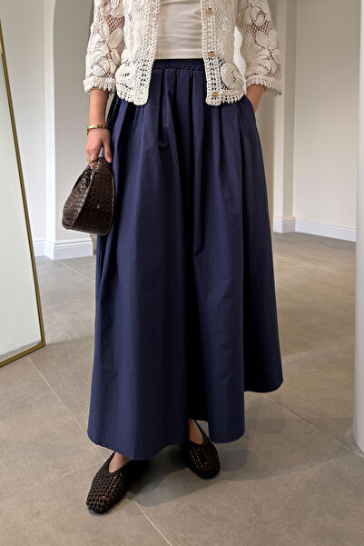 MAGARDE Φούστα από ποπλίνα με ελαστική μέση και λεπτομέρεια τσέπης - ΣΚΟΥΡΟ ΜΠΛΕ