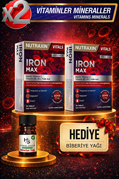 Nutraxin 2 Adet Iron Max Demir Takviyesi 17 mg–VitaminC,B6, B12 30 Tablet + H...