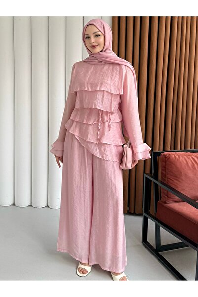 Modaensarbutik Ön Kat Kat Detaylı Asimetrik Kesim Pantolon Tesettür Takım-PEMBE