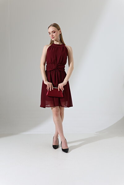 Mois Atelier Bordo Şifon Halter Yaka Mini Abiye Nikah Elbise Hediye Büyük Beden