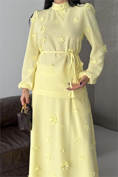 Neşeli Butik γυναικείο κίτρινο λινό ύφασμα με απλικέ λουλούδια και φούστα με ...