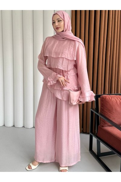 Modaensarbutik Ön Kat Kat Detaylı Asimetrik Kesim Pantolon Tesettür Takım-PEMBE