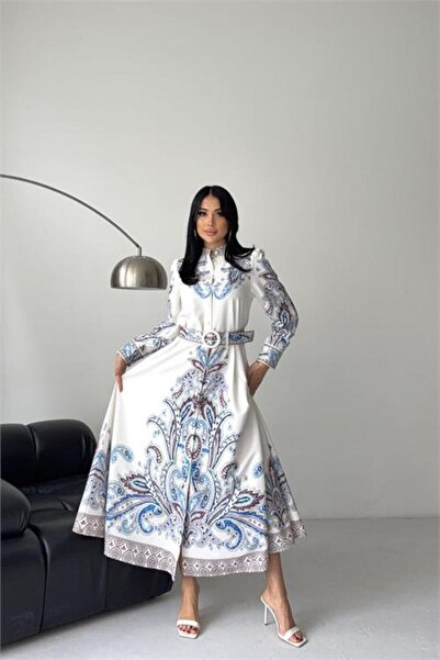 Neşeli Butik Γυναικείο ολόσωμο φόρεμα με λευκό γιακά με σχέδιο και λεπτομέρει...