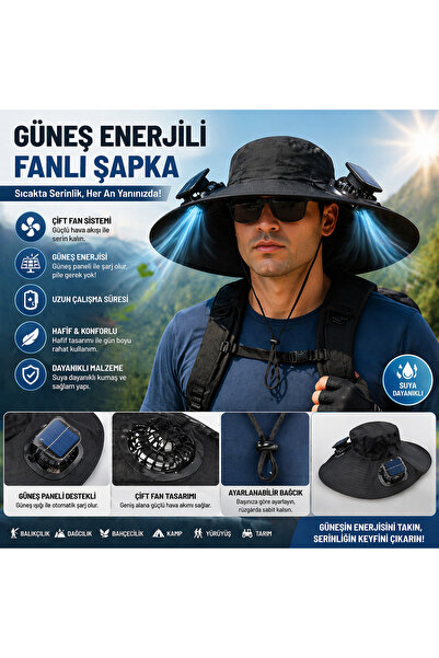 asfteknoloji Fanlı Şapka Güneş Enerjili-Şarjlı 3 Kademe Ayarlanabilir Fan Modu